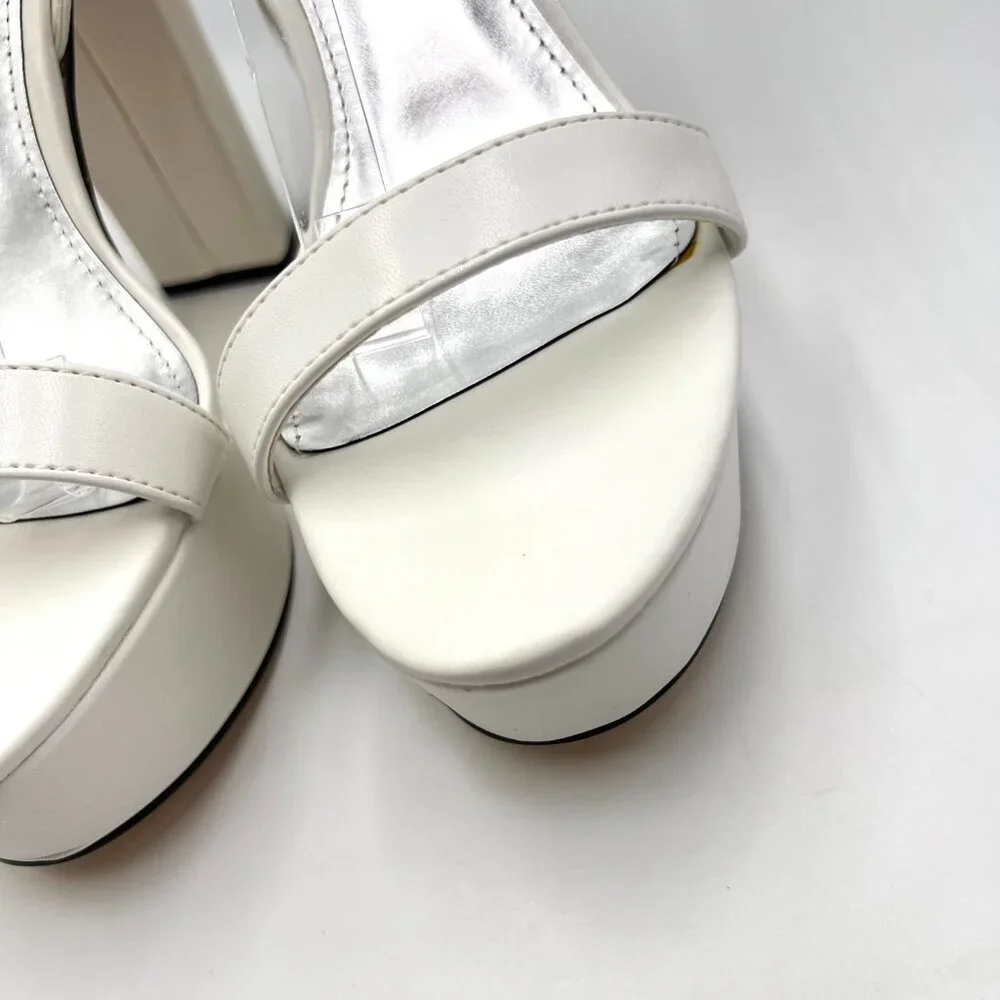 Nine West‎ Size 8.5 Uknow White Faux Vegan Leather Platform Sandals Heels Shoes